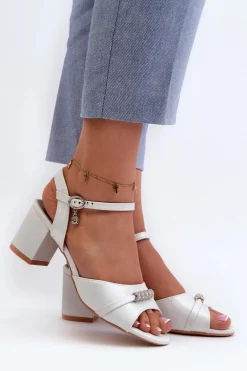 Sandały Damskie Eko Skórzane Na Słupku Z Ozdobami Srebrne Narhi