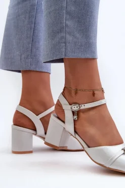 Sandały Damskie Eko Skórzane Na Słupku Z Ozdobami Srebrne Narhi