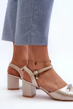 Sandały Damskie Eko Skórzane Na Słupku Z Ozdobami Złote Narhi