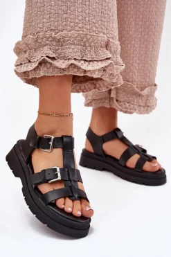 Sandały Damskie Eko Skórzane Z Klamrami Czarne Jeneliena