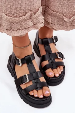 Sandały Damskie Eko Skórzane Z Klamrami Czarne Jeneliena