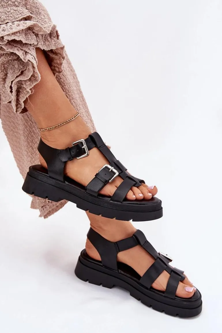 Sandały Damskie Eko Skórzane Z Klamrami Czarne Jeneliena