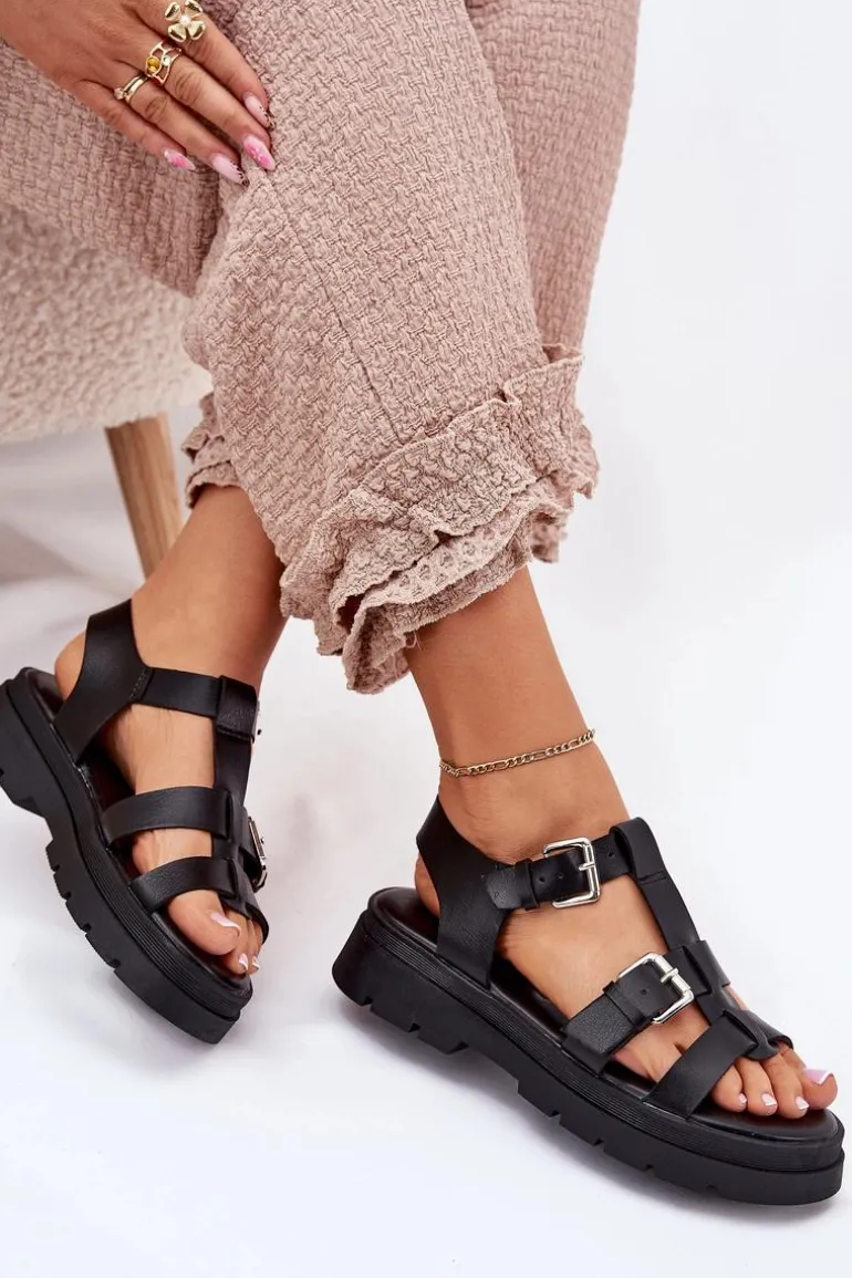 Sandały Damskie Eko Skórzane Z Klamrami Czarne Jeneliena