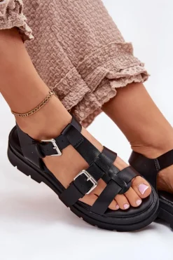 Sandały Damskie Eko Skórzane Z Klamrami Czarne Jeneliena