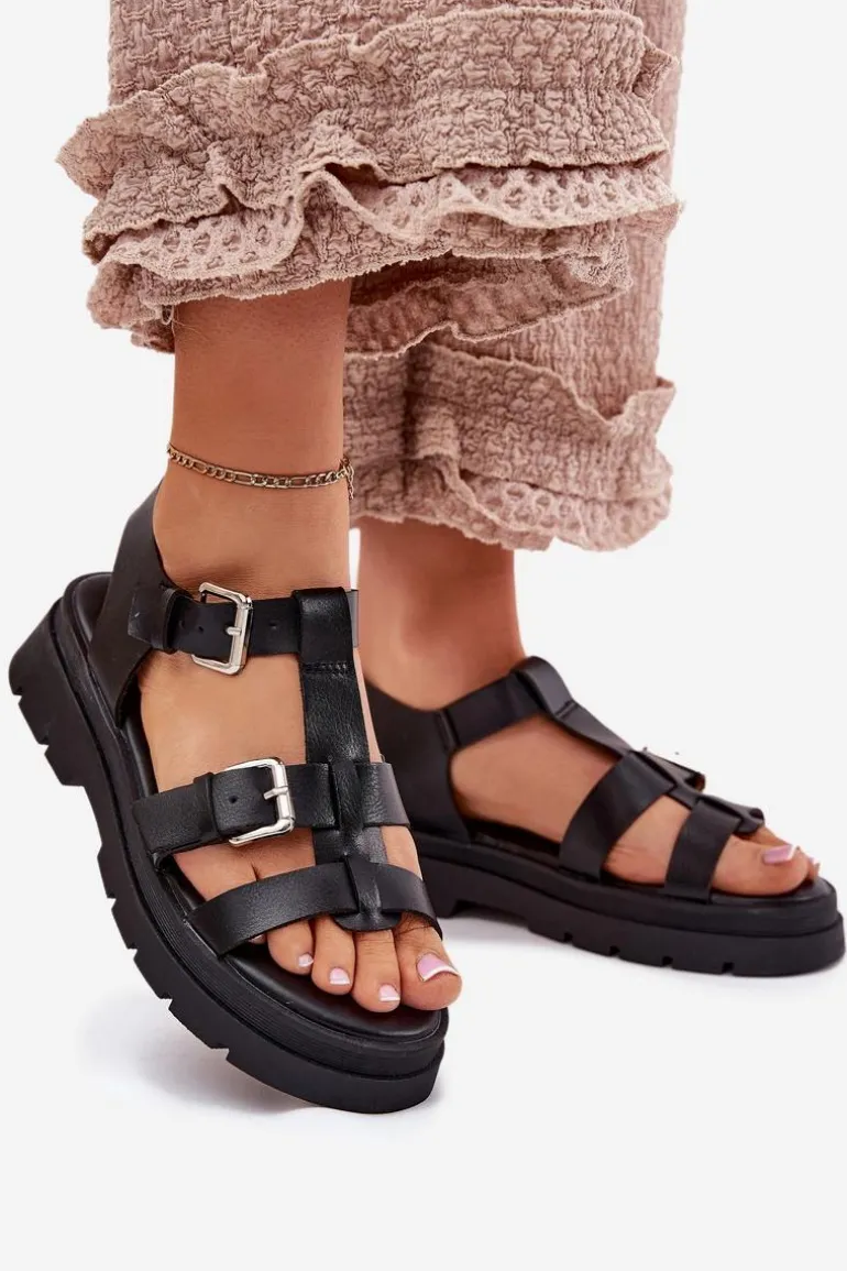 Sandały Damskie Eko Skórzane Z Klamrami Czarne Jeneliena