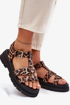 Sandały Damskie Eko Skórzane Z Klamrami Panterka Jeneliena