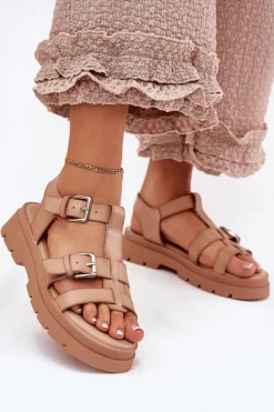 Sandały Damskie Eko Skórzane Z Klamrami Khaki Jeneliena