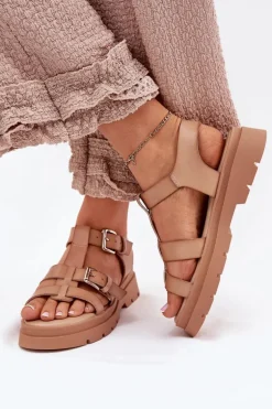 Sandały Damskie Eko Skórzane Z Klamrami Khaki Jeneliena