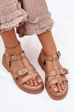 Sandały Damskie Eko Skórzane Z Klamrami Khaki Jeneliena