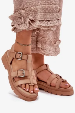 Sandały Damskie Eko Skórzane Z Klamrami Khaki Jeneliena