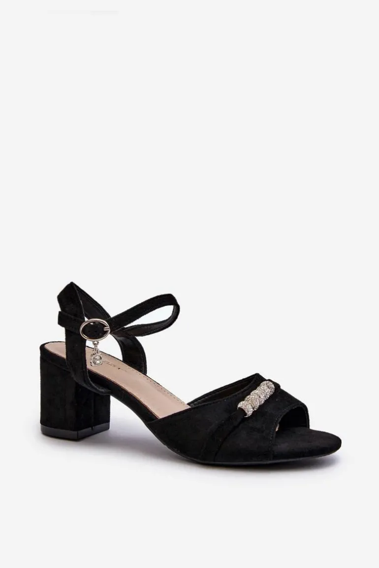 Sandały Damskie Eko Zamszowe Na Słupku Z Ozdobami Czarne Narhi