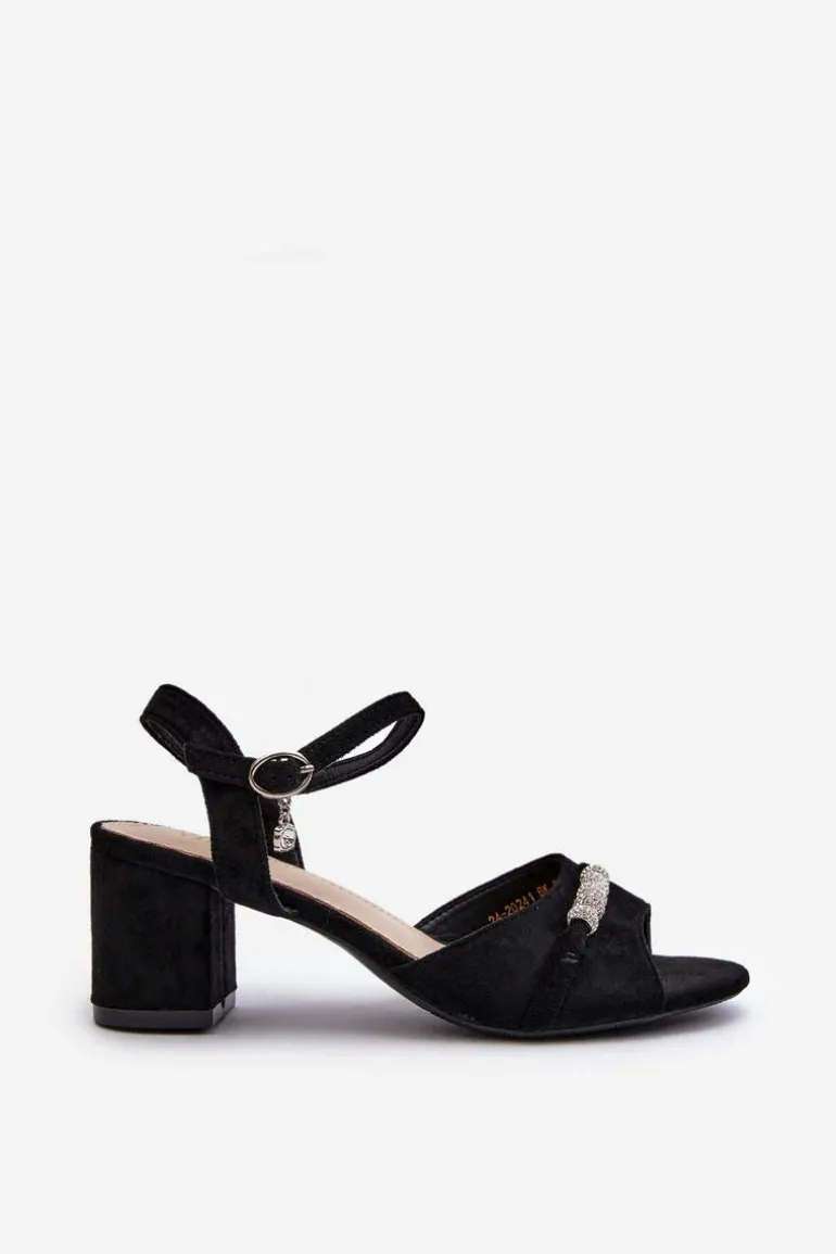 Sandały Damskie Eko Zamszowe Na Słupku Z Ozdobami Czarne Narhi