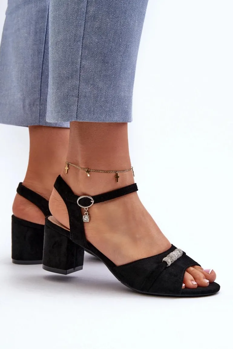 Sandały Damskie Eko Zamszowe Na Słupku Z Ozdobami Czarne Narhi