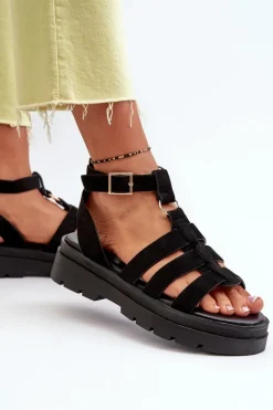 Sandały Damskie Gladiatorki Z Eko Zamszu Czarne Dorameia