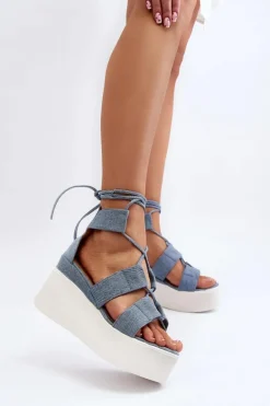Sandały Damskie Jeansowe Wiązane Niebieskie Helavi