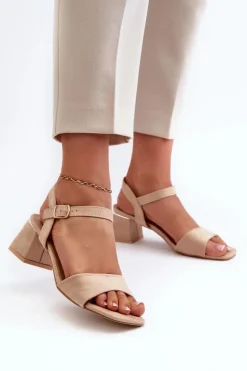 Sandały Damskie Na Klocku Z Eko Zamszu Beżowe Leisha
