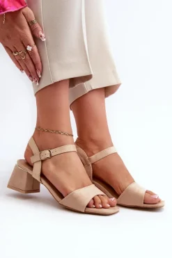 Sandały Damskie Na Klocku Z Eko Zamszu Beżowe Leisha