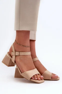 Sandały Damskie Na Klocku Z Eko Zamszu Beżowe Leisha