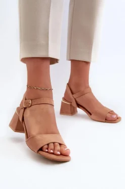 Sandały Damskie Na Klocku Z Eko Zamszu Camel Leisha