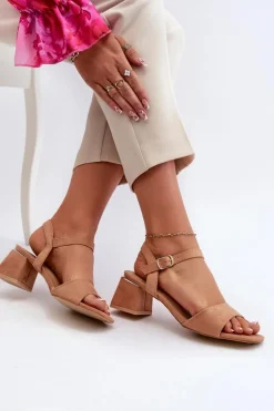 Sandały Damskie Na Klocku Z Eko Zamszu Camel Leisha