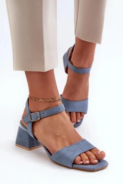 Sandały Damskie Na Klocku Z Eko Zamszu Niebieskie Leisha