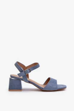 Sandały Damskie Na Klocku Z Eko Zamszu Niebieskie Leisha