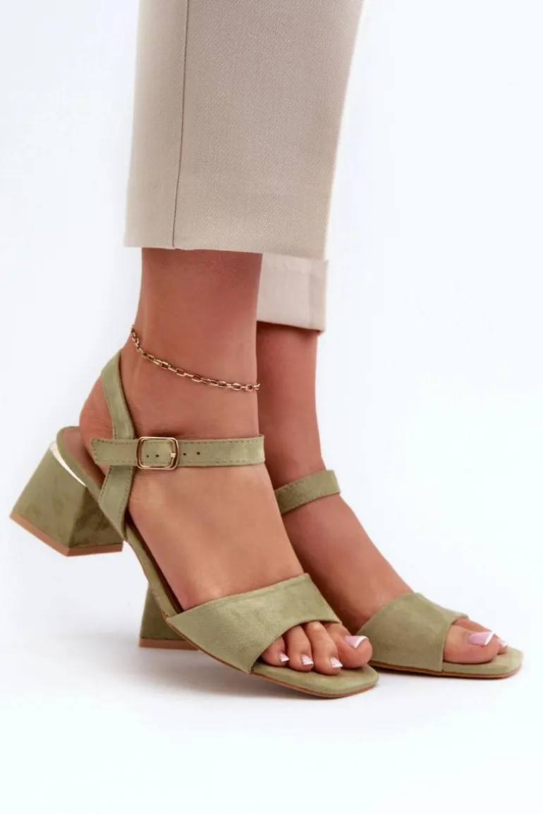 Sandały Damskie Na Klocku Z Eko Zamszu Zielone Leisha