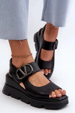 Sandały Damskie Na Koturnie I Platformie Z Eko Skóry Czarne Triaola