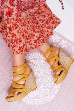 Sandały Damskie Na Koturnie Sznurek Żółte Liluena