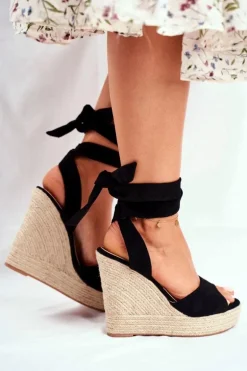 Sandały Damskie Na Koturnie Wiązane Czarne Belleza