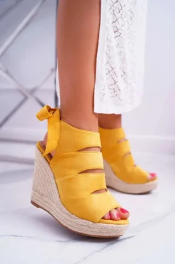 Sandały Damskie Na Koturnie Lniane Wiązane Żółte Cantare