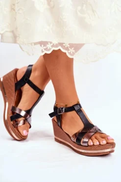 Sandały Damskie Na Koturnie Czarne Skóra Węża Enroll