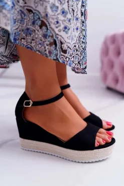 Sandały Damskie Na Koturnie Platformie Zamszowe Czarne Delima