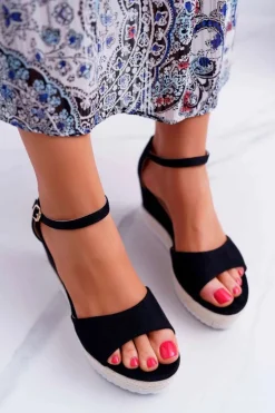 Sandały Damskie Na Koturnie Platformie Zamszowe Czarne Delima