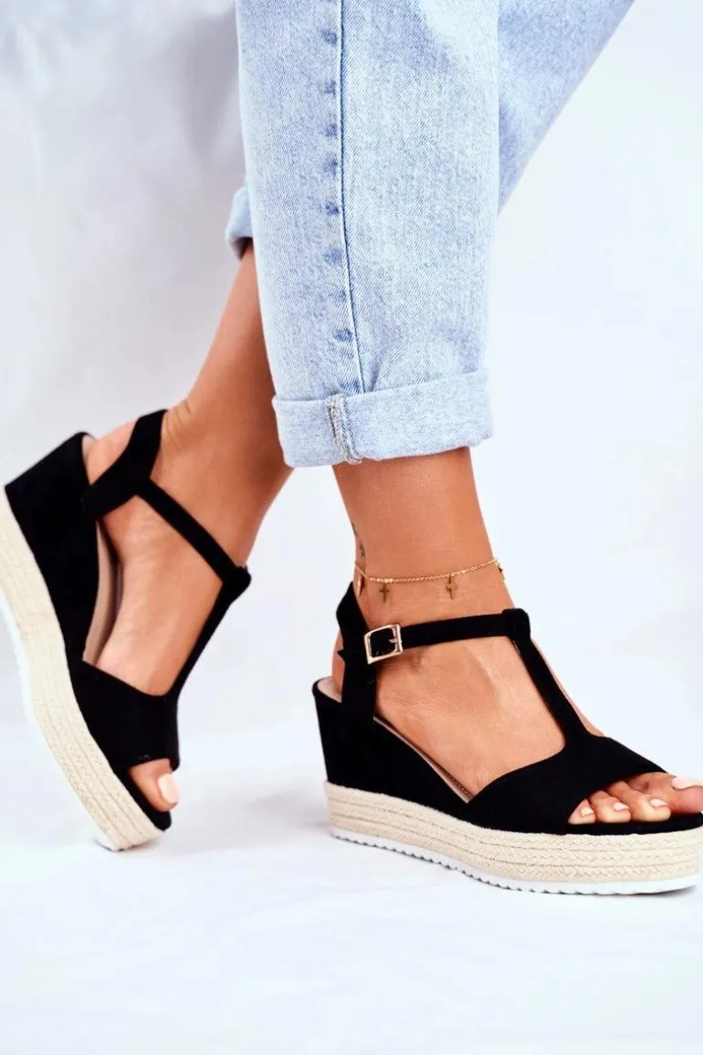 Sandały Damskie Na Koturnie Czarne Papillon