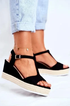 Sandały Damskie Na Koturnie Czarne Papillon