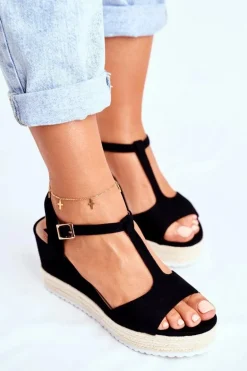 Sandały Damskie Na Koturnie Czarne Papillon