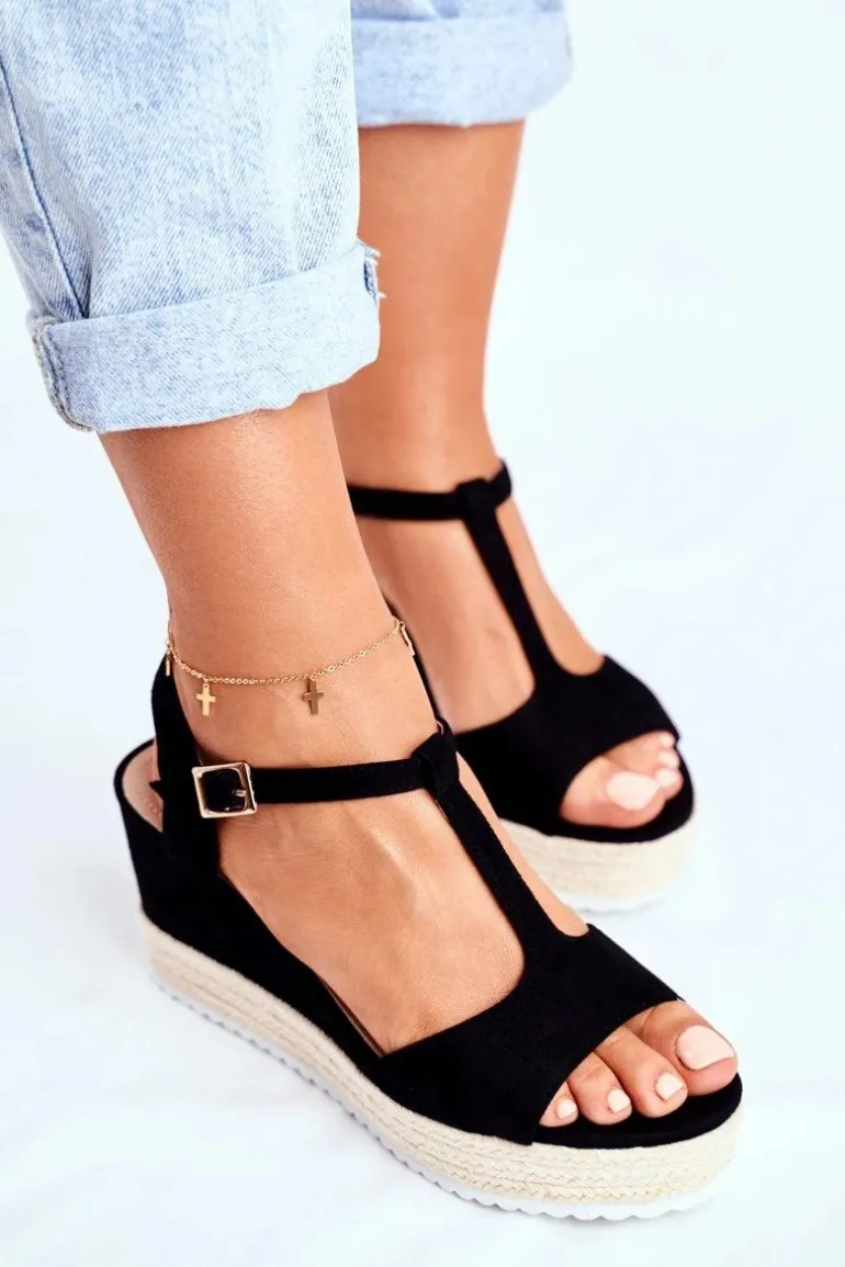 Sandały Damskie Na Koturnie Czarne Papillon