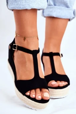 Sandały Damskie Na Koturnie Czarne Papillon