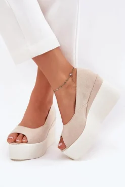 Sandały Damskie Na Koturnie I Platformie Jasnobeżowe Felyra