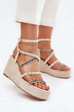 Sandały Damskie Na Koturnie Ze Zdobieniem Na Paskach Beżowe Lunara