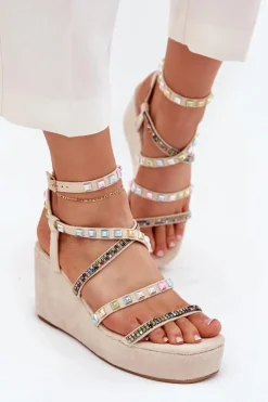 Sandały Damskie Na Koturnie Ze Zdobieniem Na Paskach Beżowe Lunara