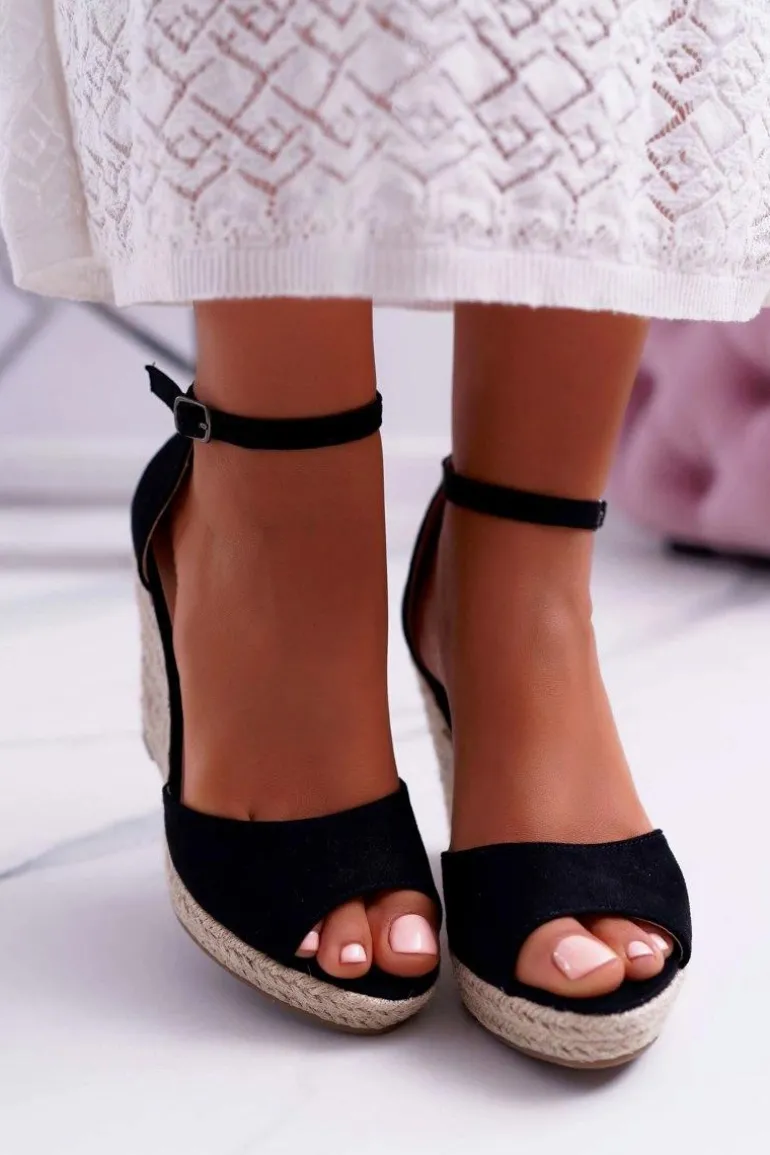 Sandały Damskie Na Koturnie Espadryle Czarne Trame