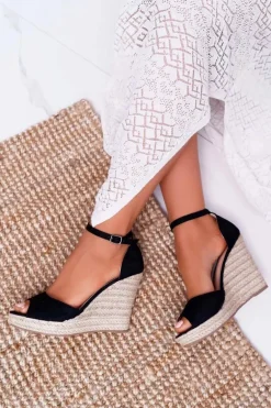 Sandały Damskie Na Koturnie Espadryle Czarne Trame