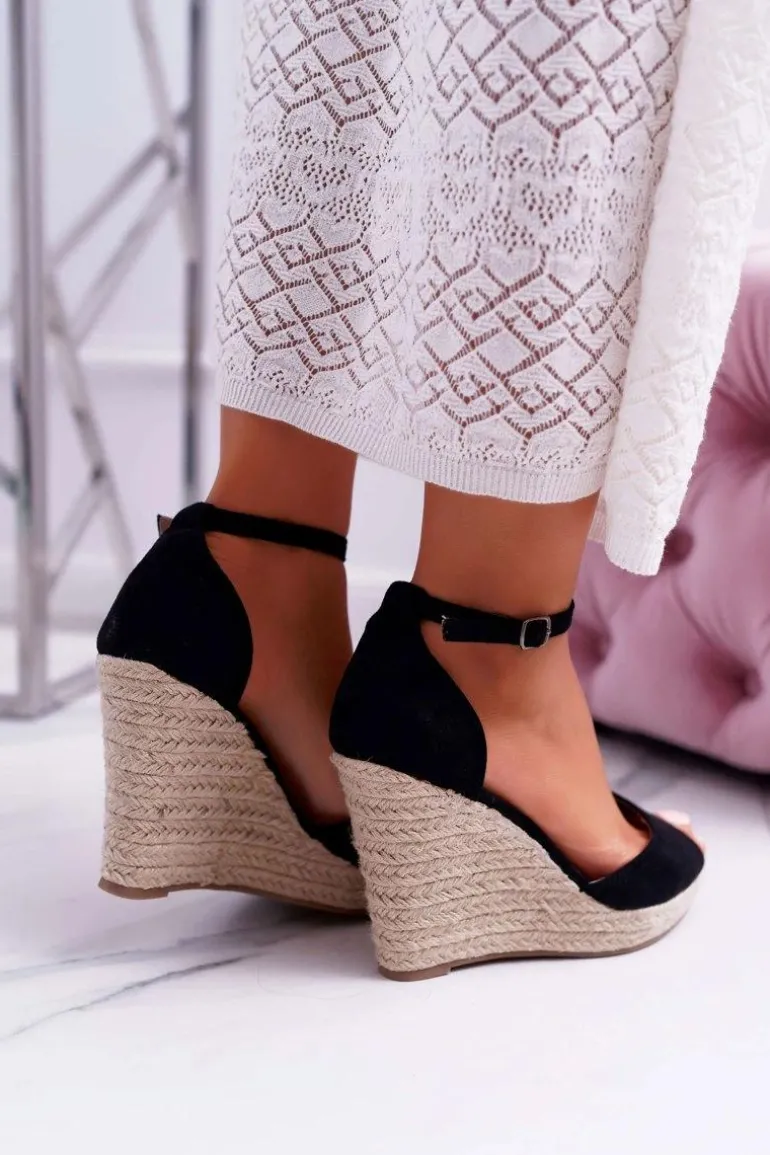 Sandały Damskie Na Koturnie Espadryle Czarne Trame