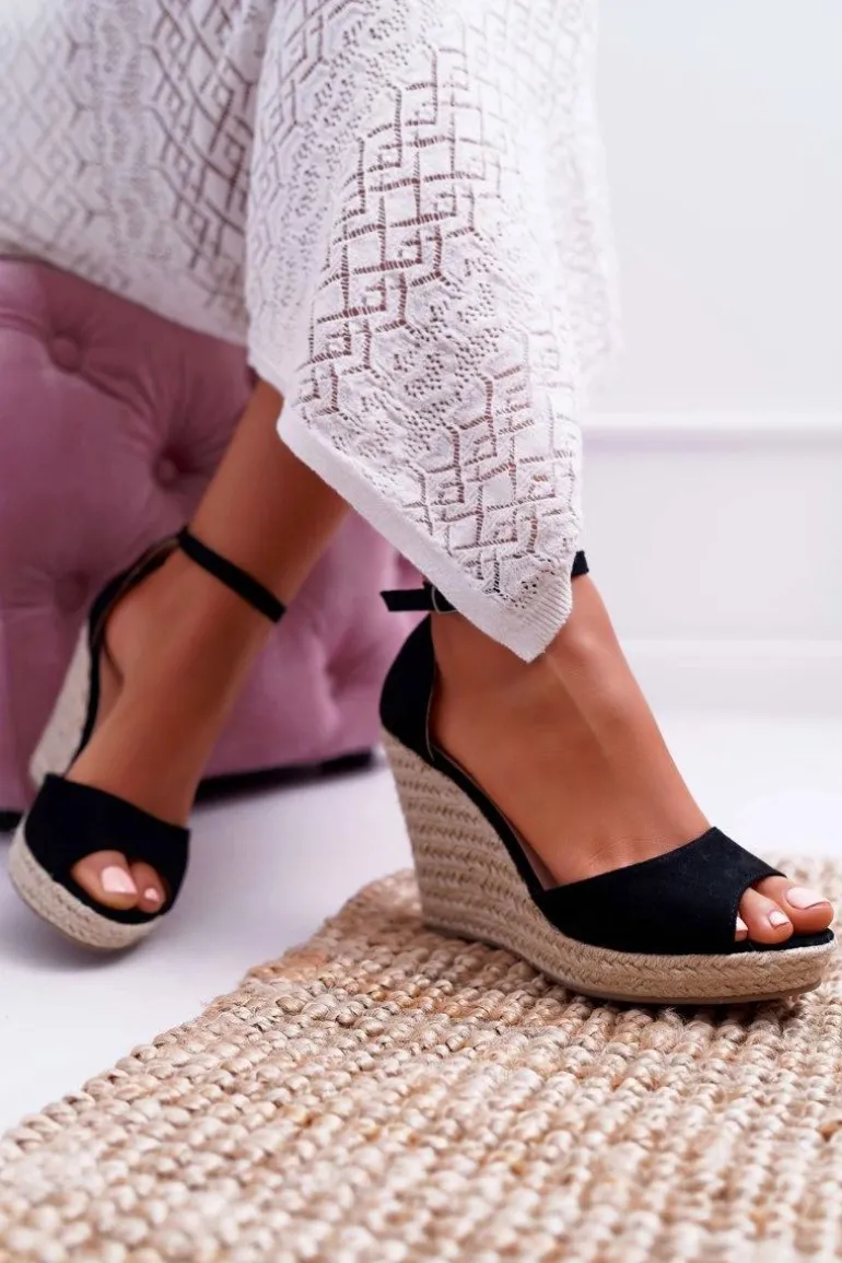 Sandały Damskie Na Koturnie Espadryle Czarne Trame