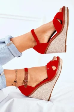 Sandały Damskie Na Koturnie Czerwone LaMane