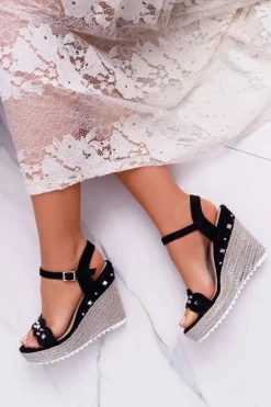 Sandały Damskie Na Koturnie Z Dżetami Ćwiekami Czarne Alenni