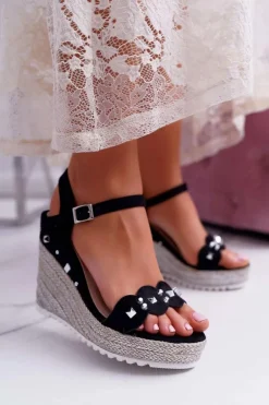 Sandały Damskie Na Koturnie Z Dżetami Ćwiekami Czarne Alenni
