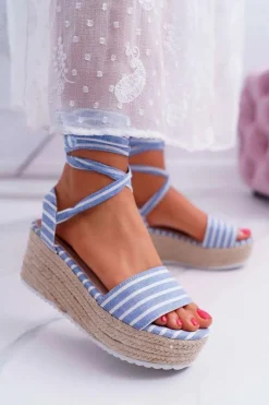 Sandały Damskie Na Koturnie Platformie Lniane Wiązane Błękitne Jolyn